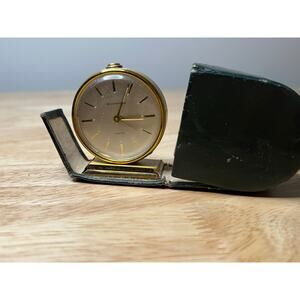 Vintage Bucherer Travel Alarm Clock in Green Leather Case by Swiss Untested JL